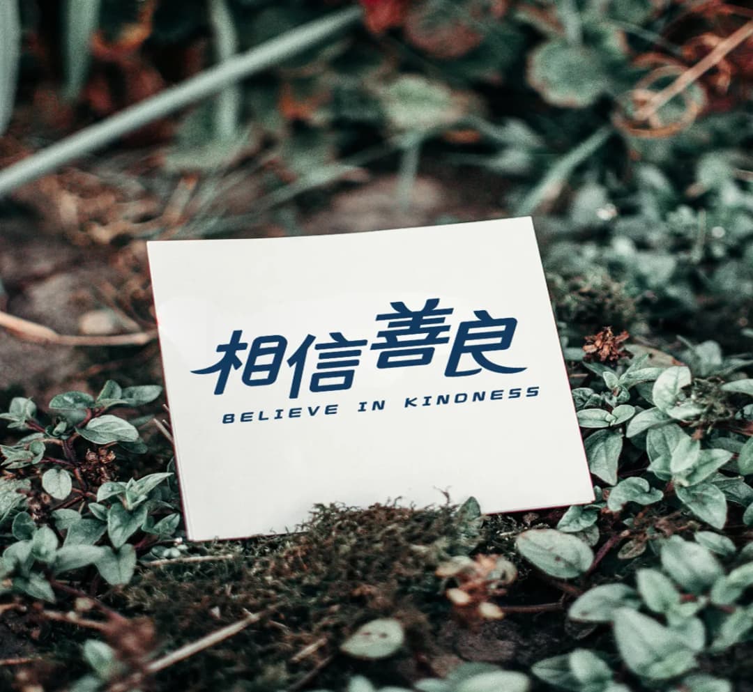一張寫著相信善良的卡片放在植物中